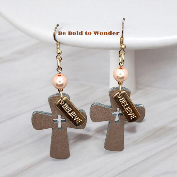 Believe Faux Leather Cross Earrings with Pearl Accent