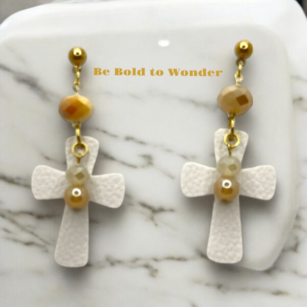 Faux Leather White Cross Earrings with Neutral Bead Accents