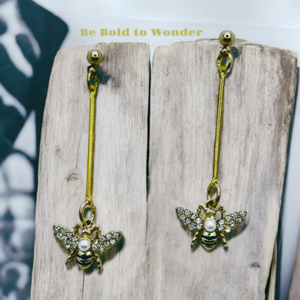 Golden Bee Drop Earrings with Pearl Accent